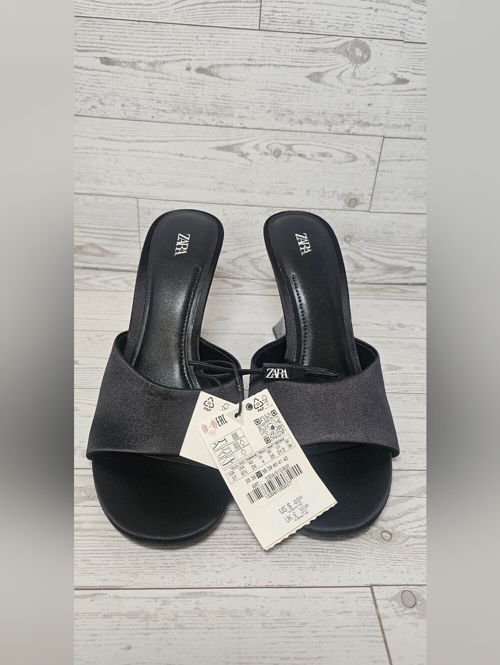 NWT Zara Black Satin Sculptural Wedge Mules Sandals Heels Size US 6.5 / EUR 37